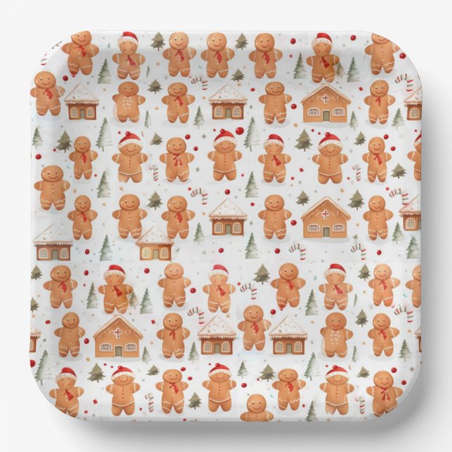 Weihnachtsgingerbrot Mann und Haus Pappteller (Vorderseite)
