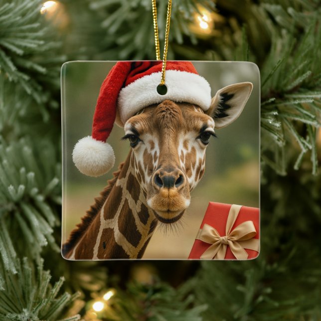 Weihnachtsgiraffe mit Feiertagsgeschenk Keramikornament (Baum)