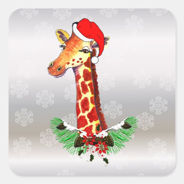 WeihnachtsGiraffe Quadratischer Aufkleber (Vorderseite)