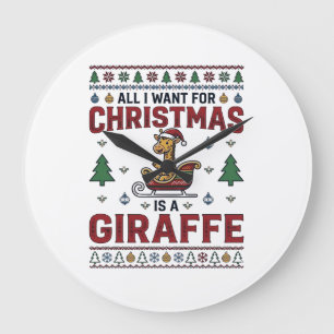 Weihnachtsgiraffe-Schlitten Lustiges Feiertags-T-S Große Wanduhr