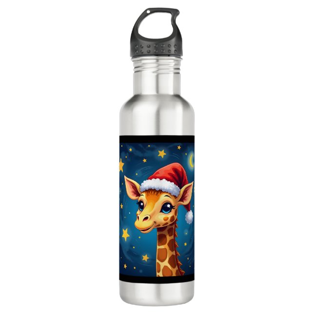 WeihnachtsGiraffe Weihnachtsmannmütze Starry Night Edelstahlflasche (Vorderseite)