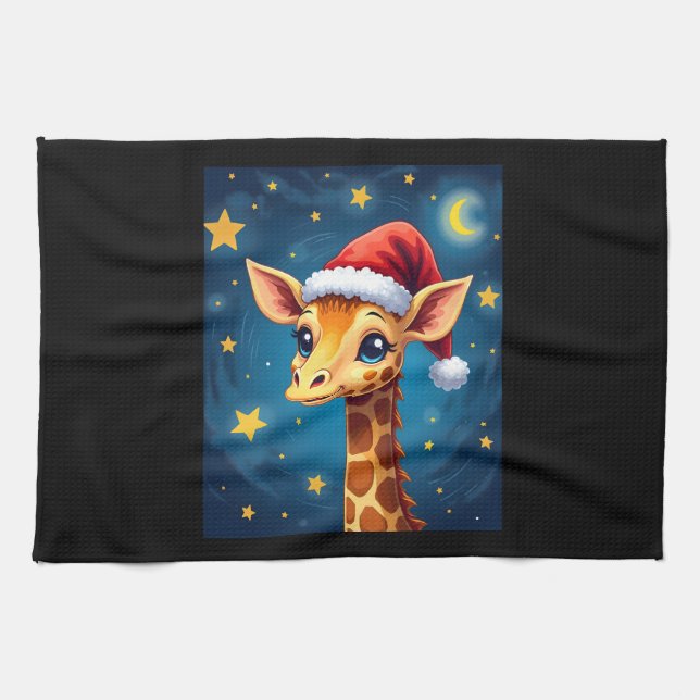 WeihnachtsGiraffe Weihnachtsmannmütze Starry Night Geschirrtuch (Horizontal)