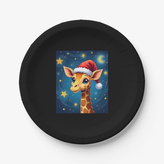 WeihnachtsGiraffe Weihnachtsmannmütze Starry Night Pappteller (Vorderseite)