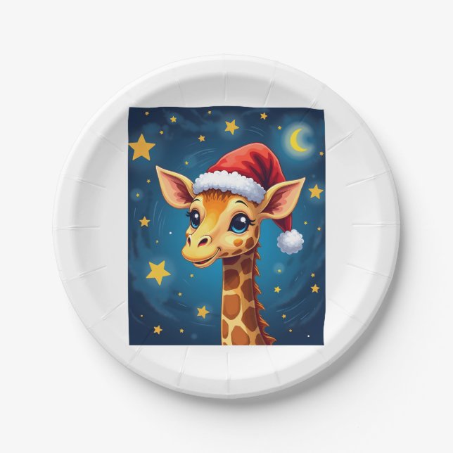 WeihnachtsGiraffe Weihnachtsmannmütze Starry Night Pappteller (Vorderseite)