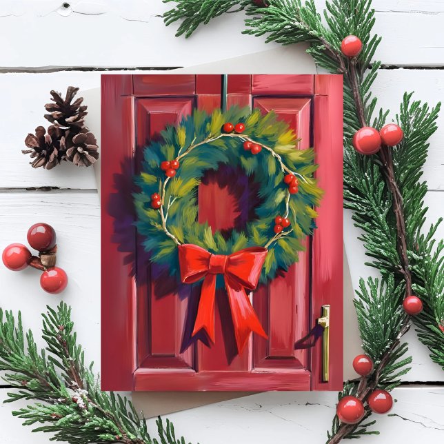Weihnachtsgirlande Rote Tür Aquarell Feiertagskarte (Von Creator hochgeladen)