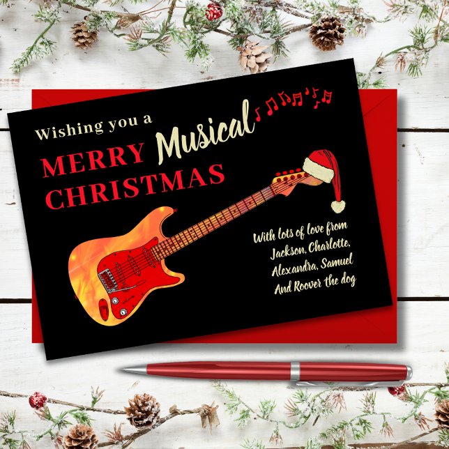 Weihnachtsgitarre Personalisiert Feiertagskarte (Merry musical christmas red and black cool electric fire guitar themed holiday card)
