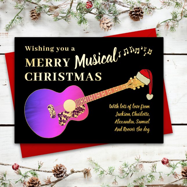 Weihnachtsgitarre Personalisiert Pink Gold Folien Feiertagskarte (Christmas pink girly guitar wearing a santa hat personalized black & gold foil holiday greeting card)