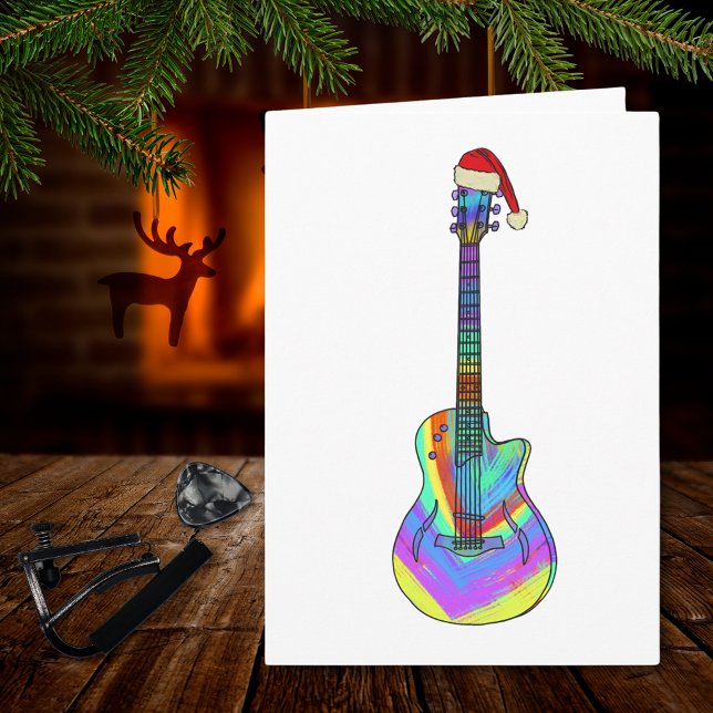 Weihnachtsgitarre Tragen einer Weihnachtsmannmütze Karte (Christmas guitar holiday greetings folded card colorful psychedelic electric guitar )