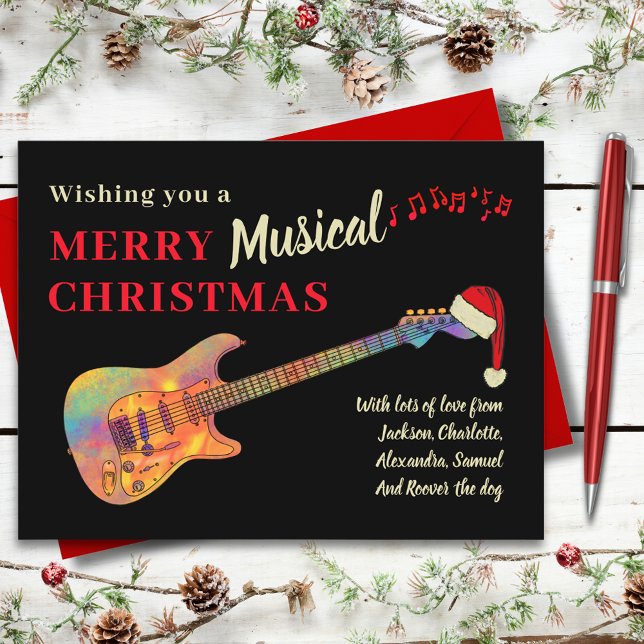 Weihnachtsgitarre Tragen Sie eine Weihnachtsmannmü Feiertagspostkarte (Rock and roll Christmas funky guitar wearing a Santa hat custom holiday greetings card guitarist )