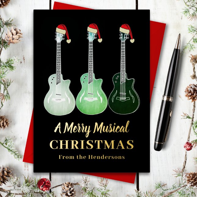 Weihnachtsgitarre trägt Weihnachtsmannmützen Schwa Folien Feiertagskarte (Guitar merry Christmas black and gold foil holiday greeting card guitarist musician music teacher)