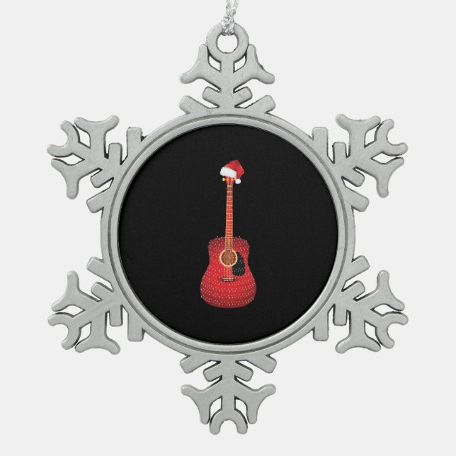 Weihnachtsgitarre-Weihnachtsmannmütze Schneeflocken Zinn-Ornament (Vorderseite)