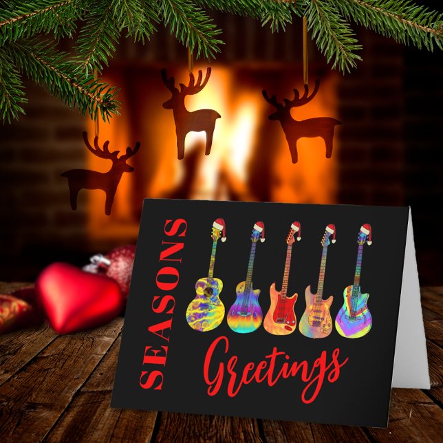 Weihnachtsgitarren Farbige Frohe Festtage Feiertagskarte (Music themed Christmas guitars seasons greetings red and black personalized holiday card)