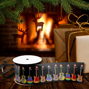 Weihnachtsgitarren Farbige Muster auf Schwarz Satinband