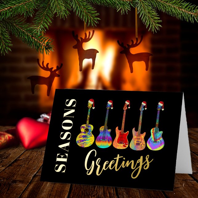 Weihnachtsgitarren Saasons Gruß Schwarz und Gold (Christmas guitars music seasons greetings black and gold foil personalized holiday greetings card)