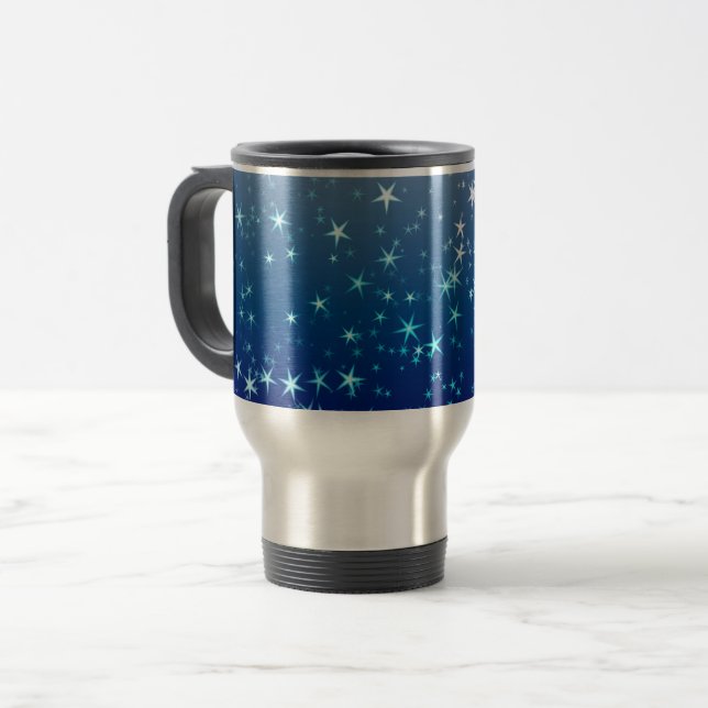 Weihnachtsglanz Sterne Blauer Himmel Reisebecher (Vorderseite Links)