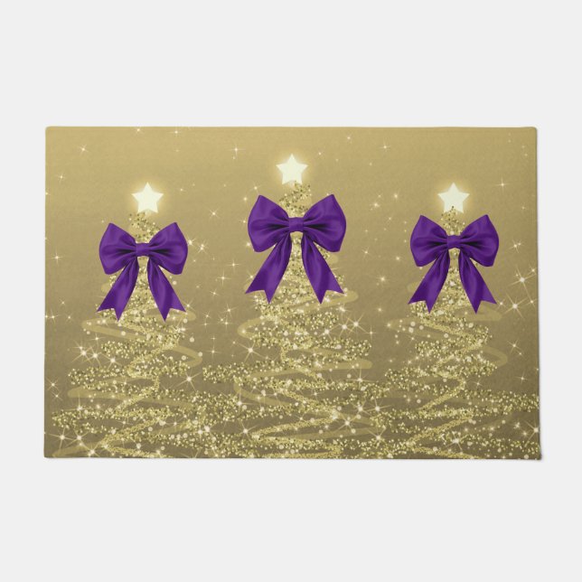 Weihnachtsglanzbäume Gold Falscher Lila Bogen Fußmatte (Vorderseite)