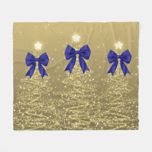 Weihnachtsglanzbäume Gold Falscher Navy-Bogen  Fleecedecke (Vorderseite (Horizontal))