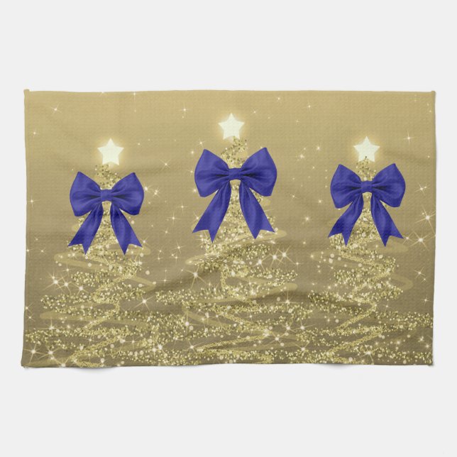 Weihnachtsglanzbäume Gold Falscher Navy-Bogen  Geschirrtuch (Horizontal)