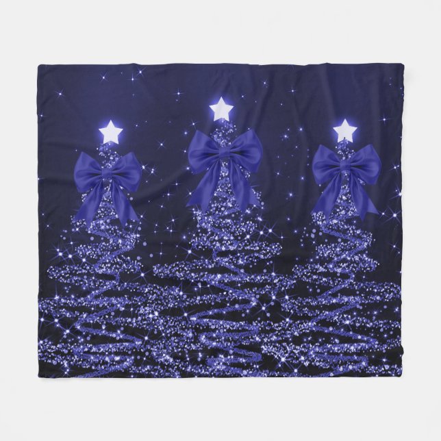 Weihnachtsglanzbäume Navy Blau Falsche Schleife  Fleecedecke (Vorderseite (Horizontal))
