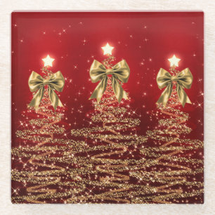 Weihnachtsglanzbäume Rot Gold Falsche Schleife Glasuntersetzer