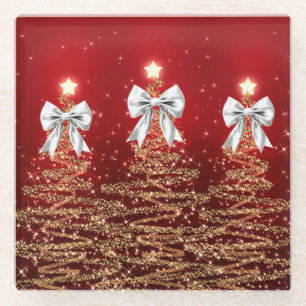 Weihnachtsglanzbäume Rot Silber Falsche Schleife  Glasuntersetzer