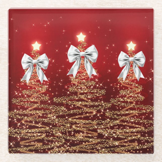 Weihnachtsglanzbäume Rot Silber Falsche Schleife  Glasuntersetzer (Vorderseite)