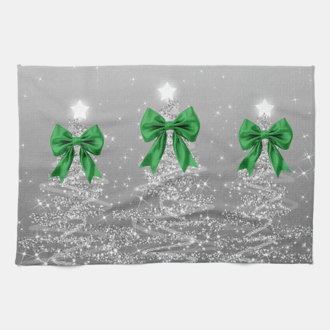 Weihnachtsglanzbäume Silber Falsche Grüne Schleife Geschirrtuch (Horizontal)