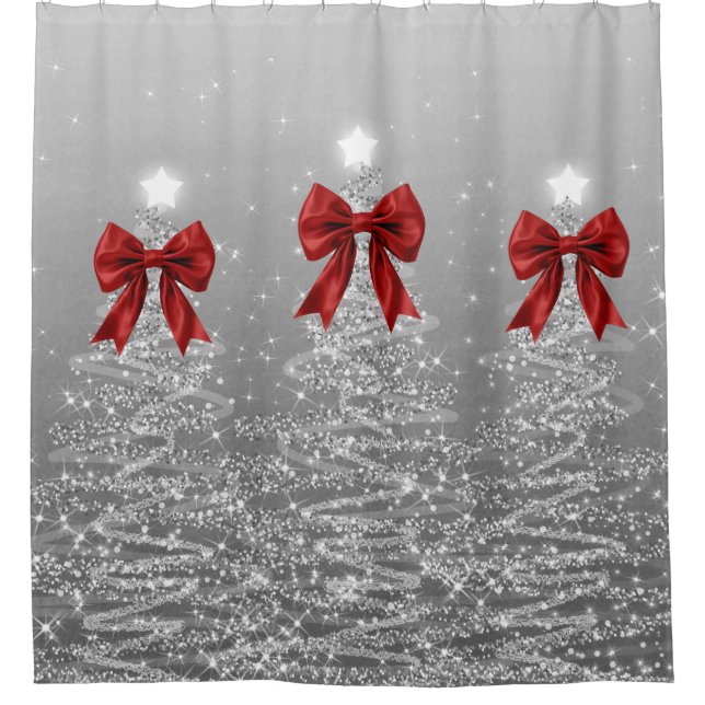 Weihnachtsglanzbäume Silber Falsche Rote Schleife  Duschvorhang (Vorderseite)