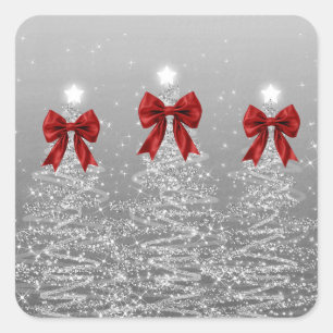 Weihnachtsglanzbäume Silber Falsche Rote Schleife Quadratischer Aufkleber