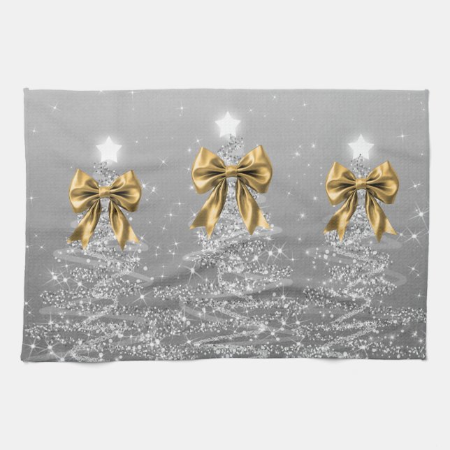 Weihnachtsglanzbäume Silber Falscher Goldbogen  Geschirrtuch (Horizontal)