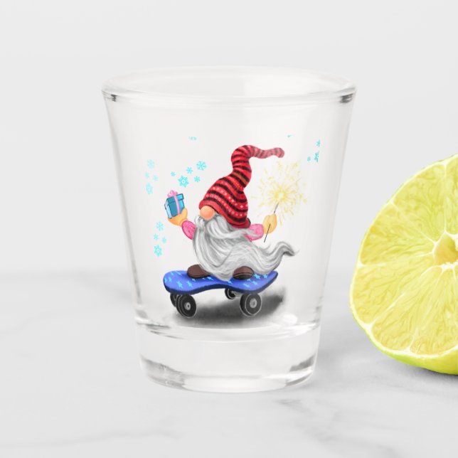 Weihnachtsglas-Skater Gnome mit Geschenken Schnapsglas (Vorderseite)