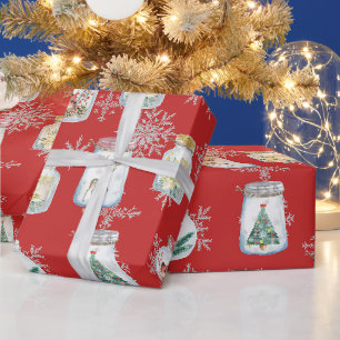 Weihnachtsgläser und Schneeflocken Rot   Geschenkpapier