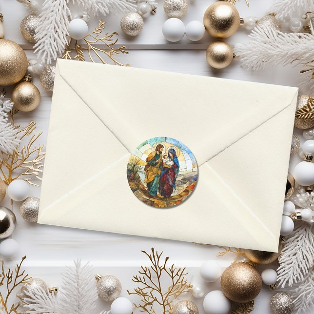 Weihnachtsglasfenster-Familie Runder Aufkleber (Religious Stained Glass Holiday Family Classic Round Sticker
)