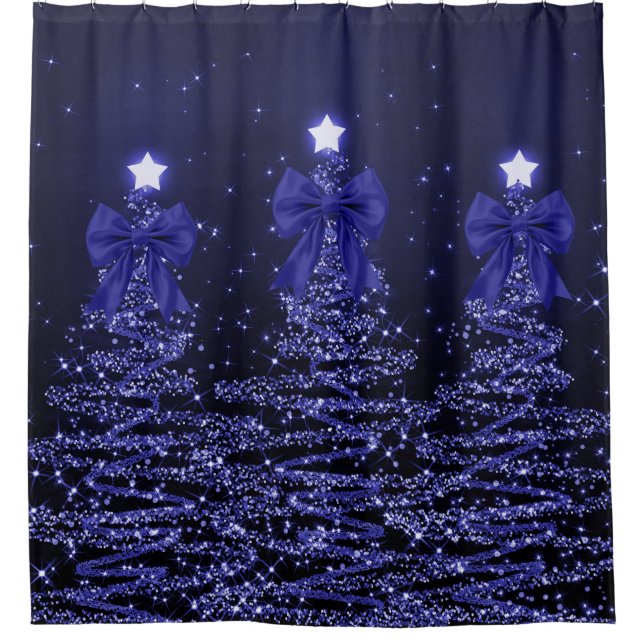 Weihnachtsglitzbäume Navy Blau Falsche Schleife  Duschvorhang (Vorderseite)