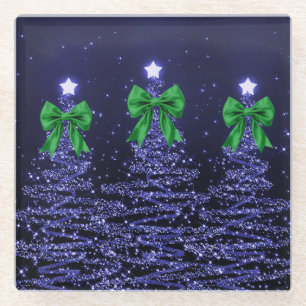 Weihnachtsglitzbäume Navy Blau Grüne Schleife Glasuntersetzer