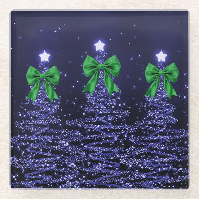 Weihnachtsglitzbäume Navy Blau Grüne Schleife  Glasuntersetzer (Vorderseite)