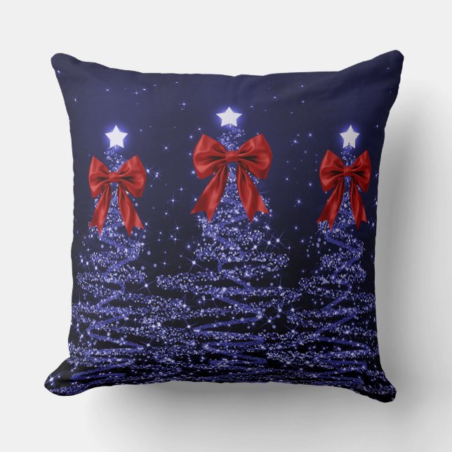 Weihnachtsglitzbäume Navy Faux roter Bogen Kissen (Vorderseite)