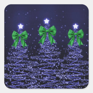 Weihnachtsglitzernde Bäume Navy Blau Grüne Schleif Quadratischer Aufkleber