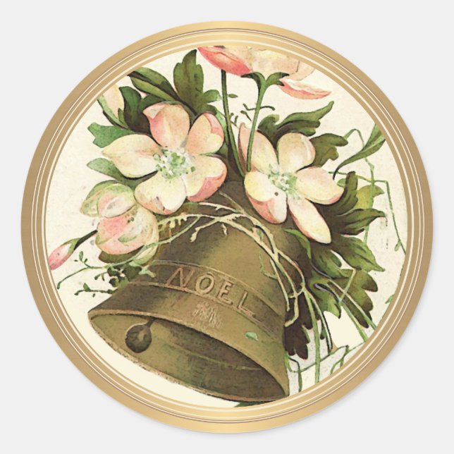Weihnachtsglocke (Pink Floral) Metallic Gold Runder Aufkleber (Vorderseite)