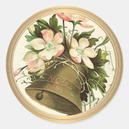 Weihnachtsglocke (Pink Floral) Metallic Gold Runder Aufkleber