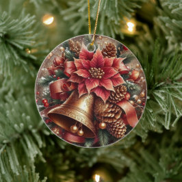 Weihnachtsglocke & Poinsettia Keramik Ornament