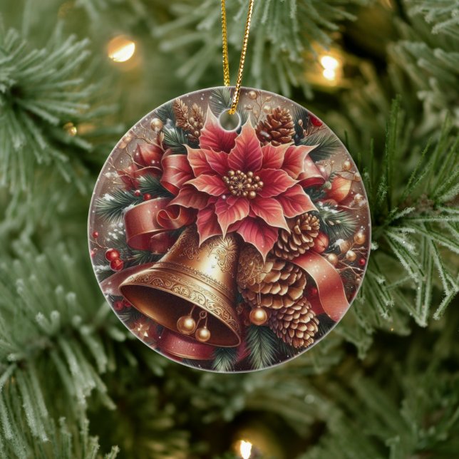 Weihnachtsglocke & Poinsettia Keramik Ornament (Baum)