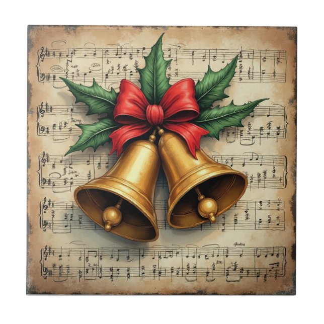 Weihnachtsglocken auf Notenpapier, Fliese (Vorderseite)