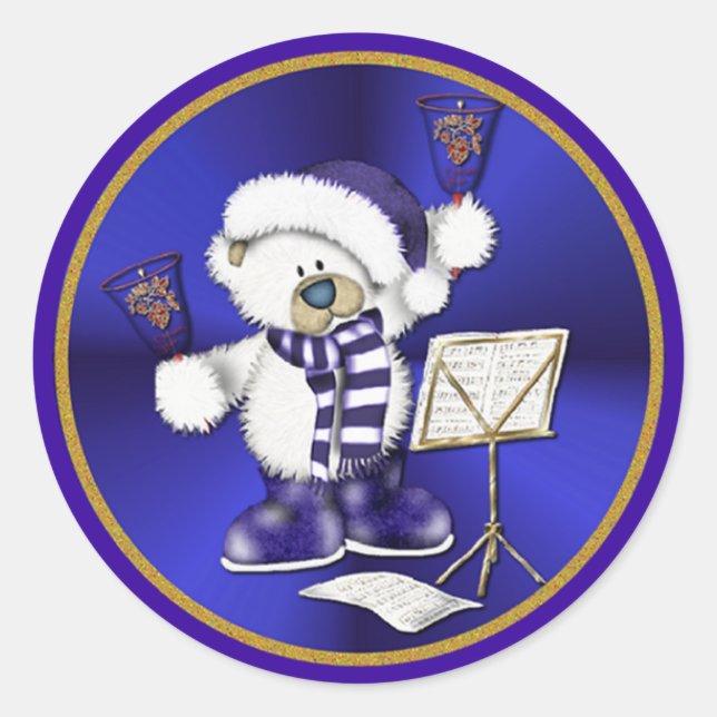 Weihnachtsglocken Bär Blau und Gold Runder Aufkleber (Vorderseite)