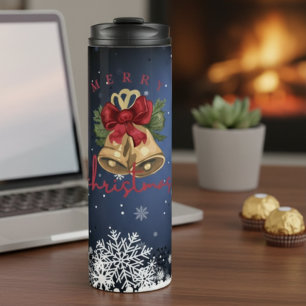 Weihnachtsglocken Blaue Schneeflocken Thermotasse Thermosbecher