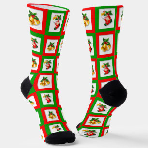 Weihnachtsglocken in grünen und roten Quadraten Cr Socken