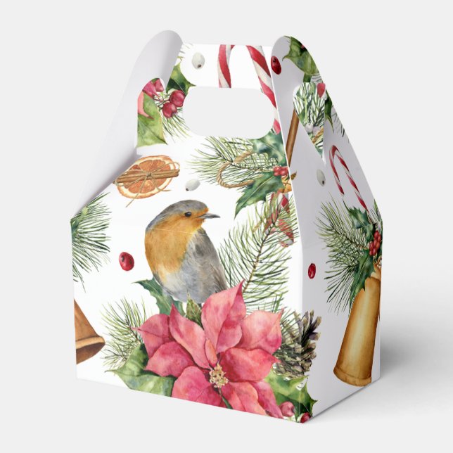 Weihnachtsglocken, Poinsettia, Rotkehlchen, Bonbon Geschenkschachtel (Vorderseite)