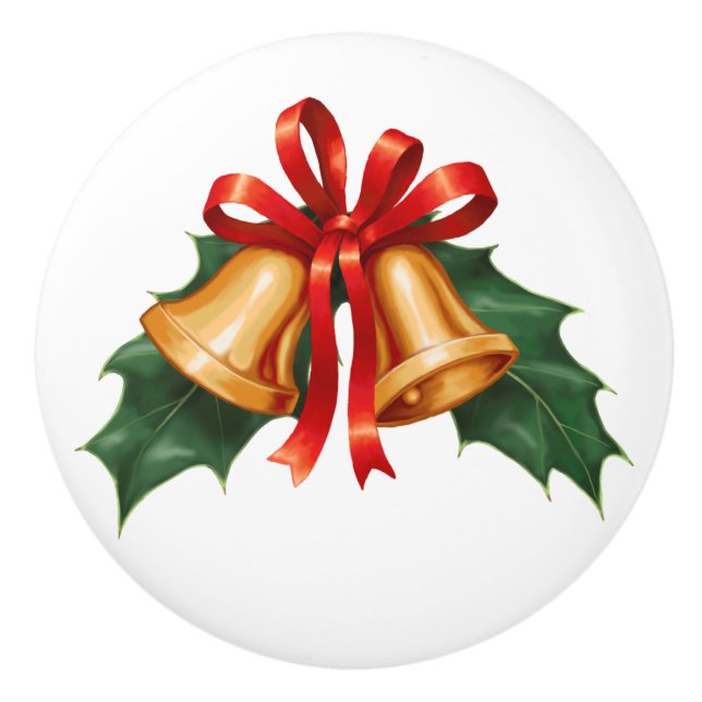 Weihnachtsglocken und Holly-Blätter Keramikknauf (Vorderseite)