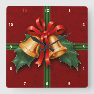Weihnachtsglocken und Holly-Blätter Rot Quadratische Wanduhr