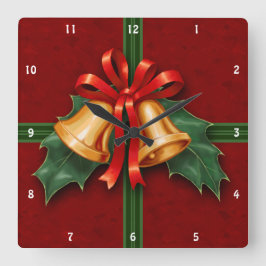 Weihnachtsglocken und Holly Blätter Rot Quadratische Wanduhr